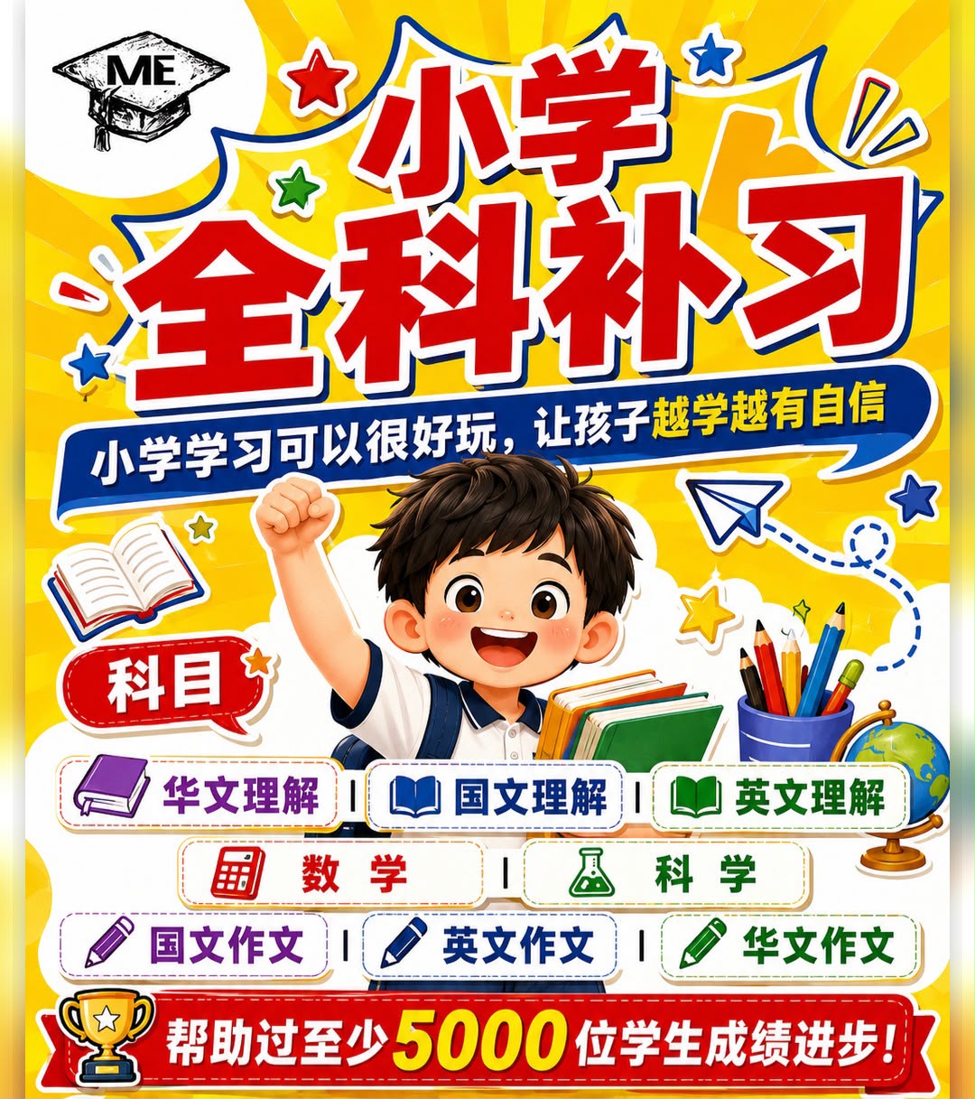 小学华文、国文、英文、数学、科学与作文全科补习